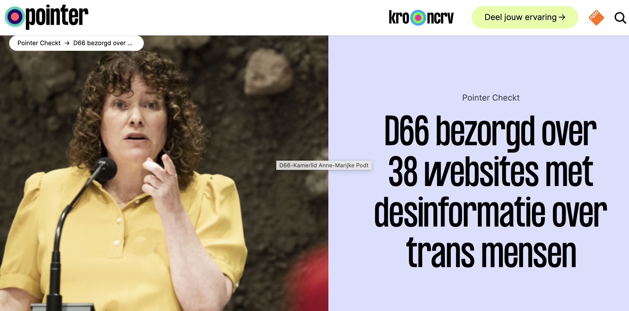 Screenshot van het Pointer-artikel 'D66 bezorgd over 38 websites met desinformatie over trans mensen'