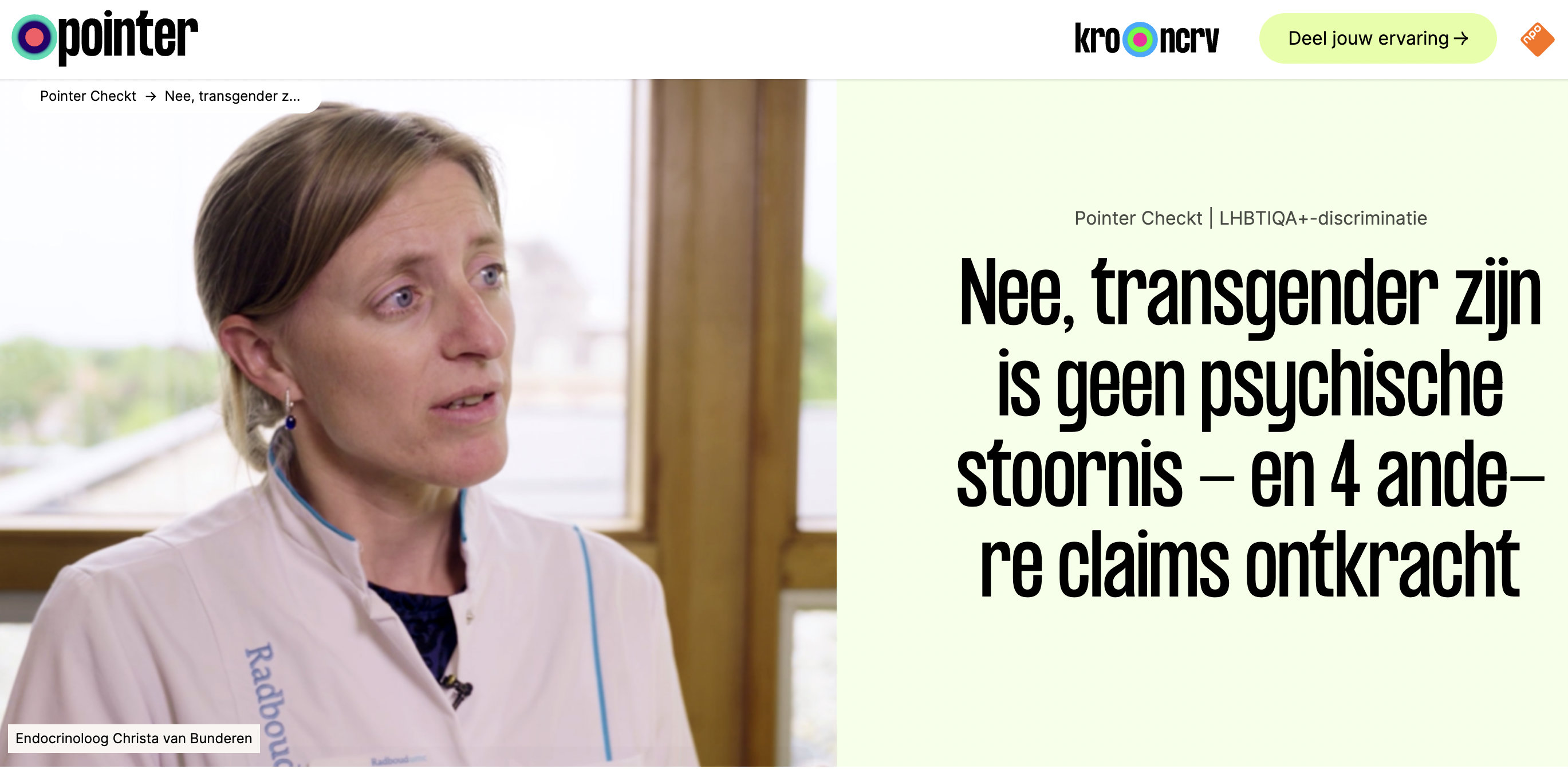 Screenshot van het Pointer-artikel met endocrinoloog Christa van Bunderen — 'Nee, transgender zijn is geen psychische stoornis'